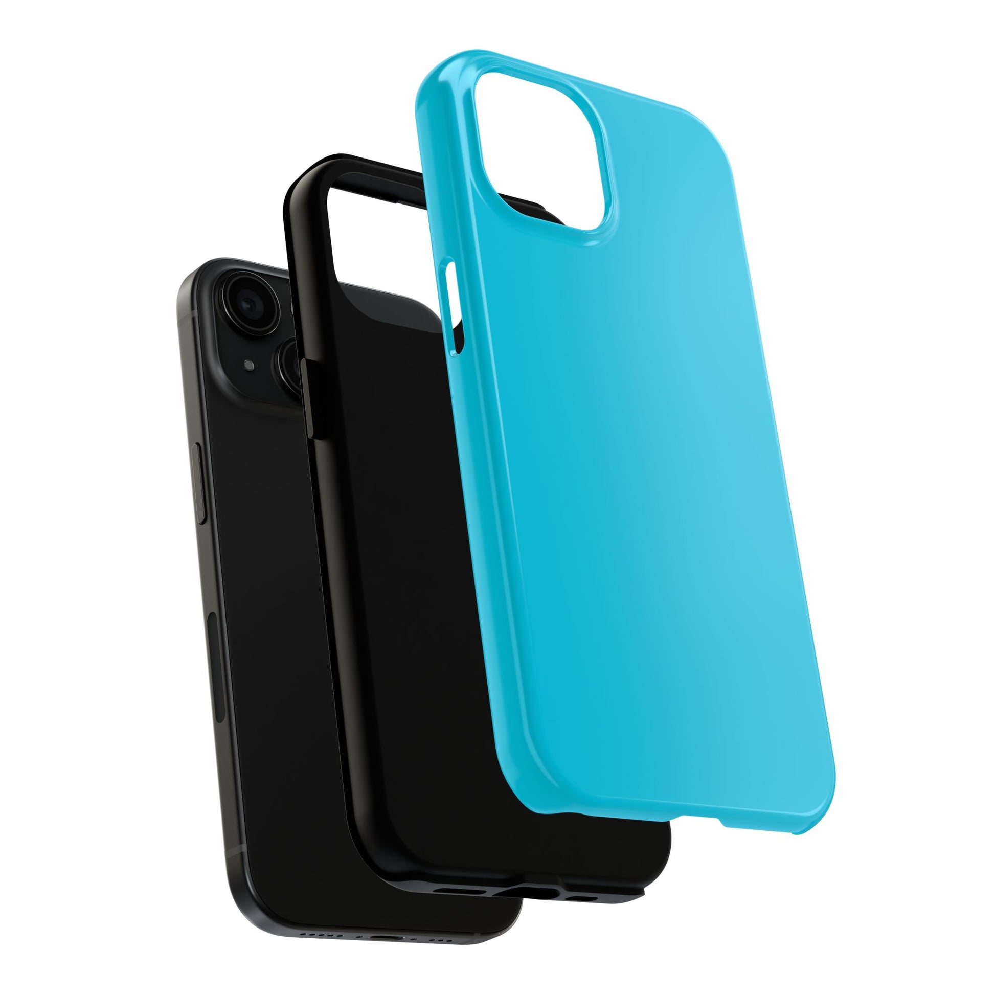 Exploded view of the iPhone 15 Porsche Miami Blue phone case.