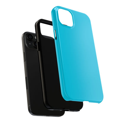 Exploded view of the iPhone 15 Plus Porsche Miami Blue phone case.