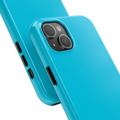 Back view of the iPhone 15 Plus Porsche Miami Blue phone case.