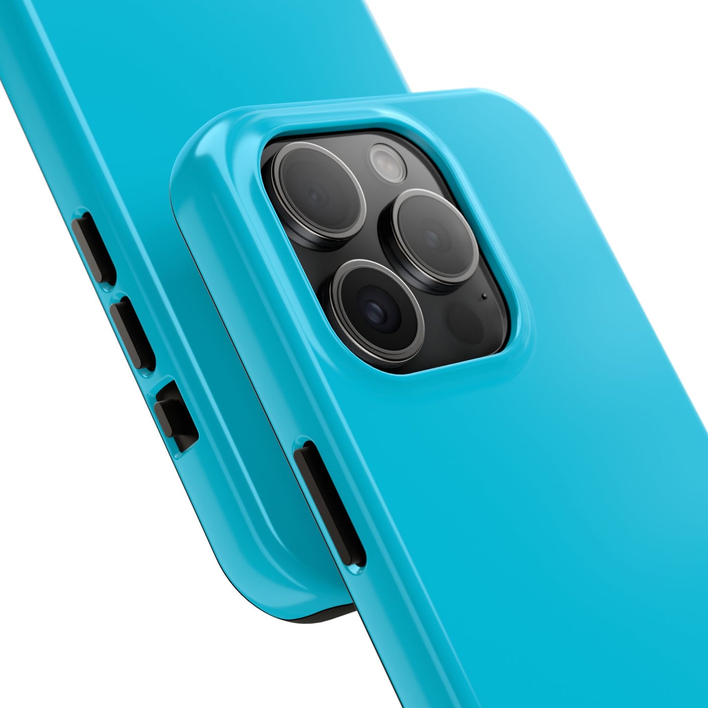 Back view of the iPhone 15 Pro Porsche Miami Blue phone case.