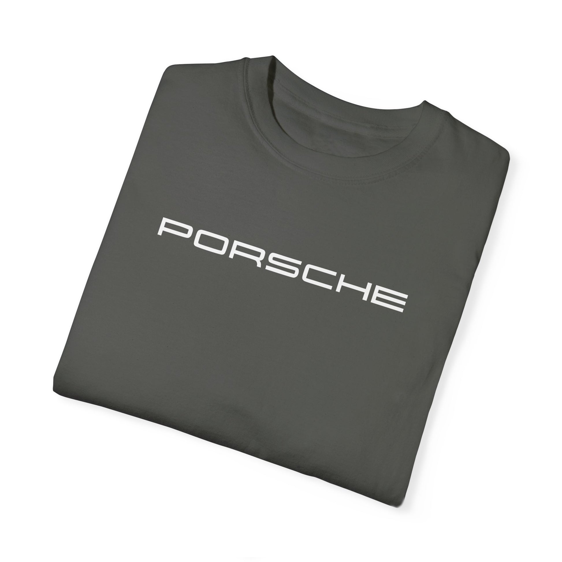 Pepper Porsche T-Shirt with white text, folded.

