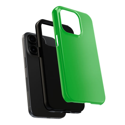 Exploded view of the iPhone 15 Pro Porsche Signal Green phone case. 