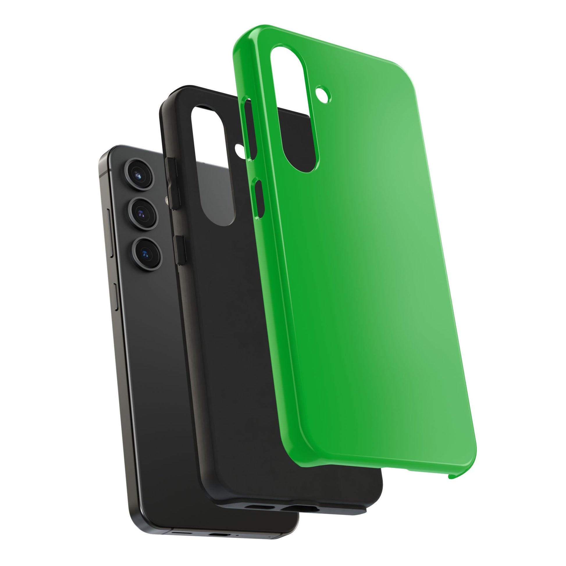 Exploded view of the Samsung Galaxy S24 Porsche Signal Green phone case. 