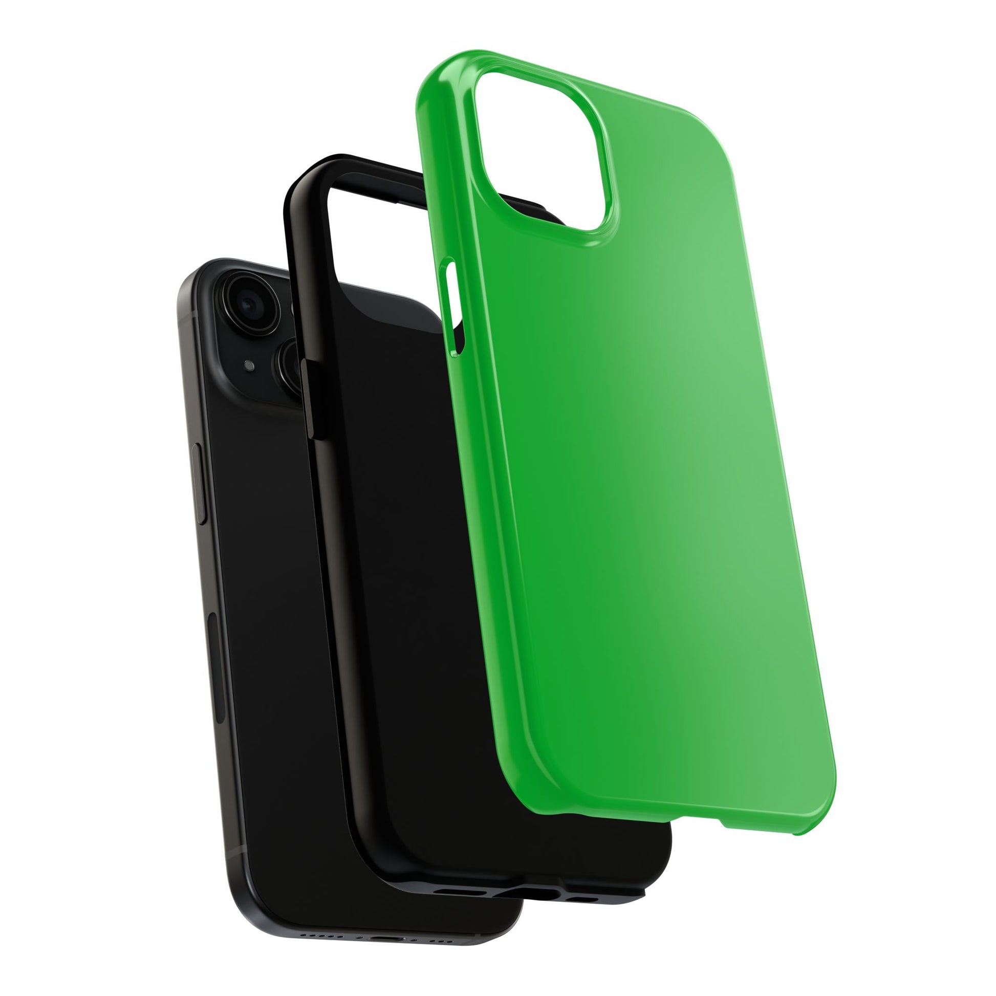 Exploded view of the iPhone 15 Porsche Signal Green phone case. 