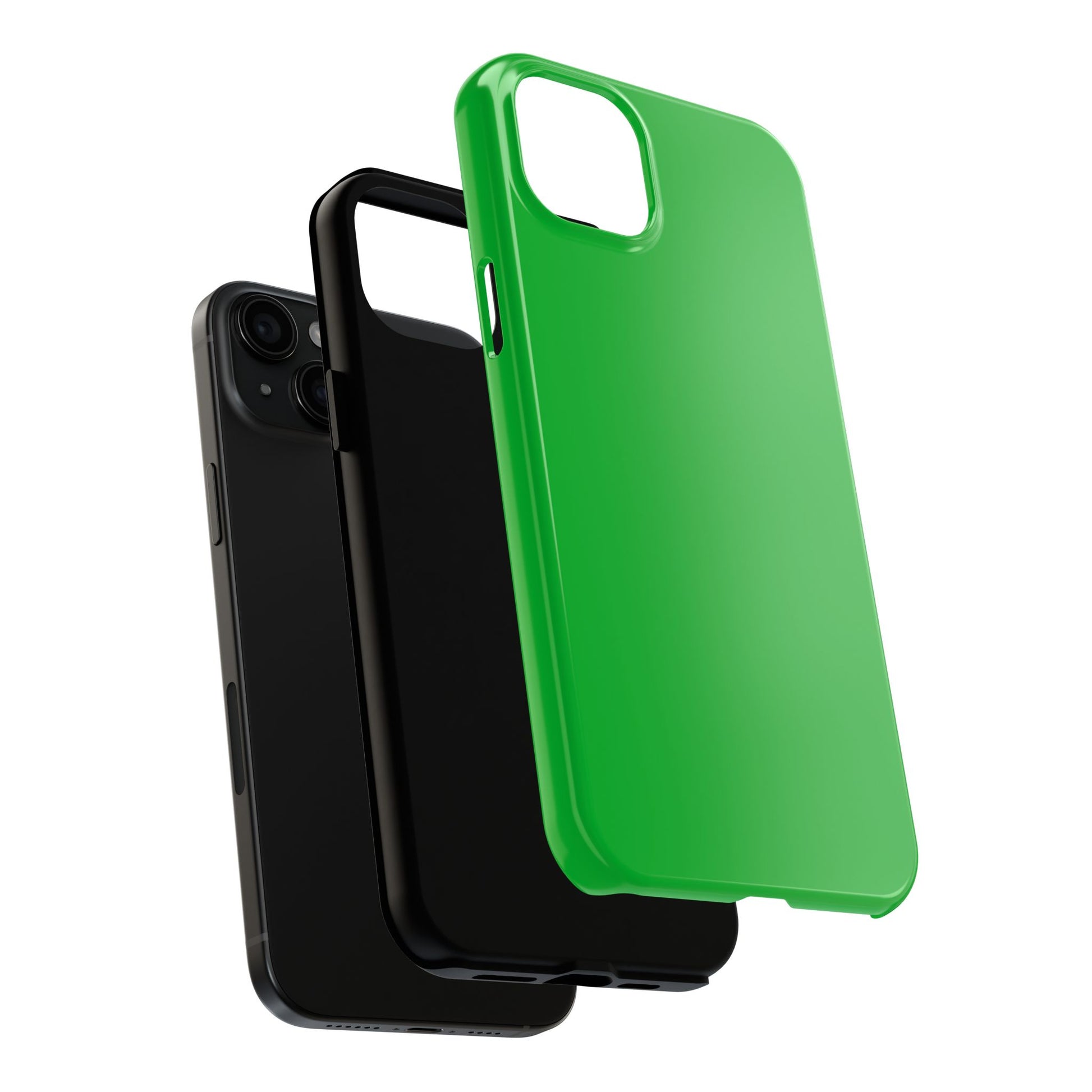 Exploded view of the iPhone 15 Plus Porsche Signal Green phone case. 