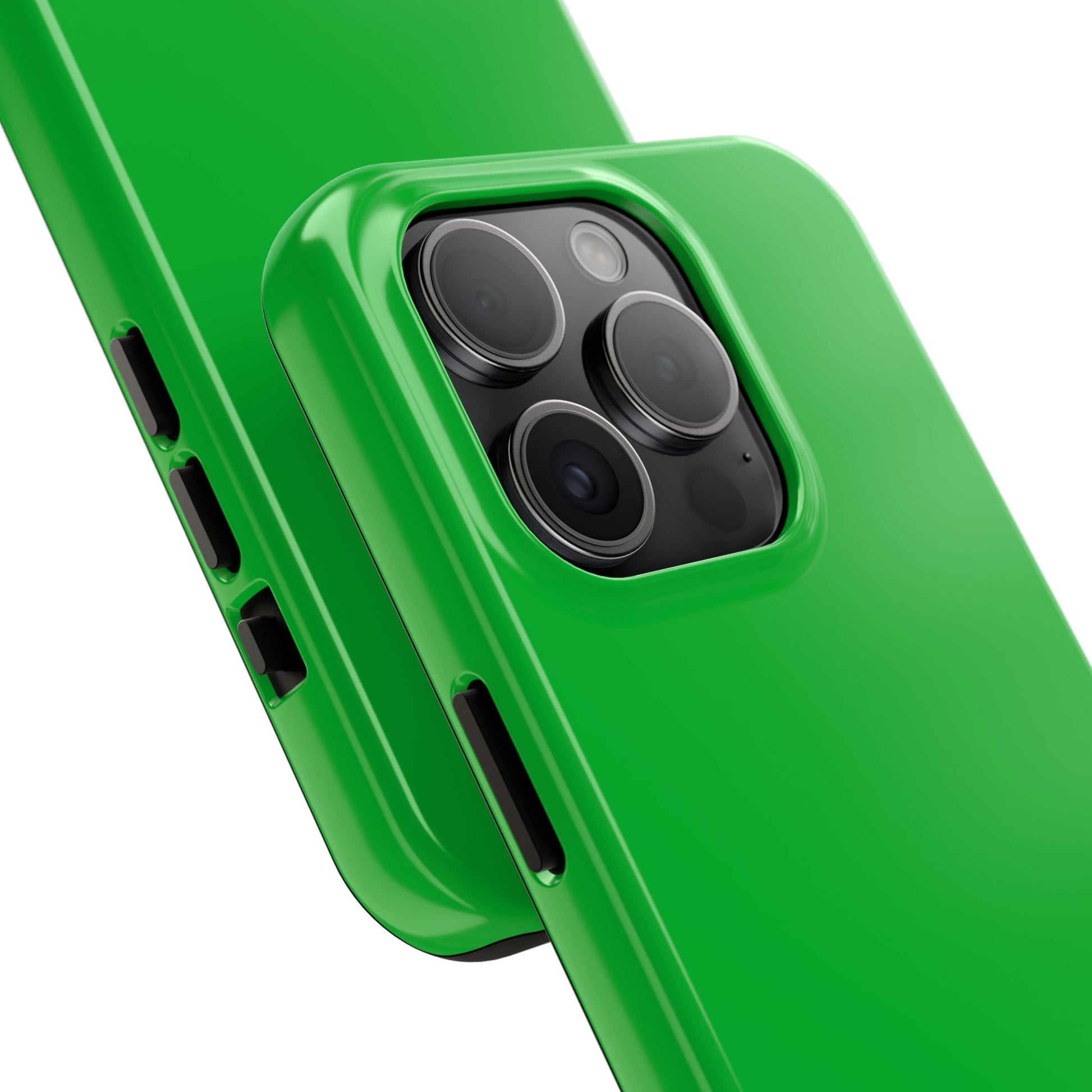 Back view of the iPhone 15 Pro Porsche Signal Green phone case. 