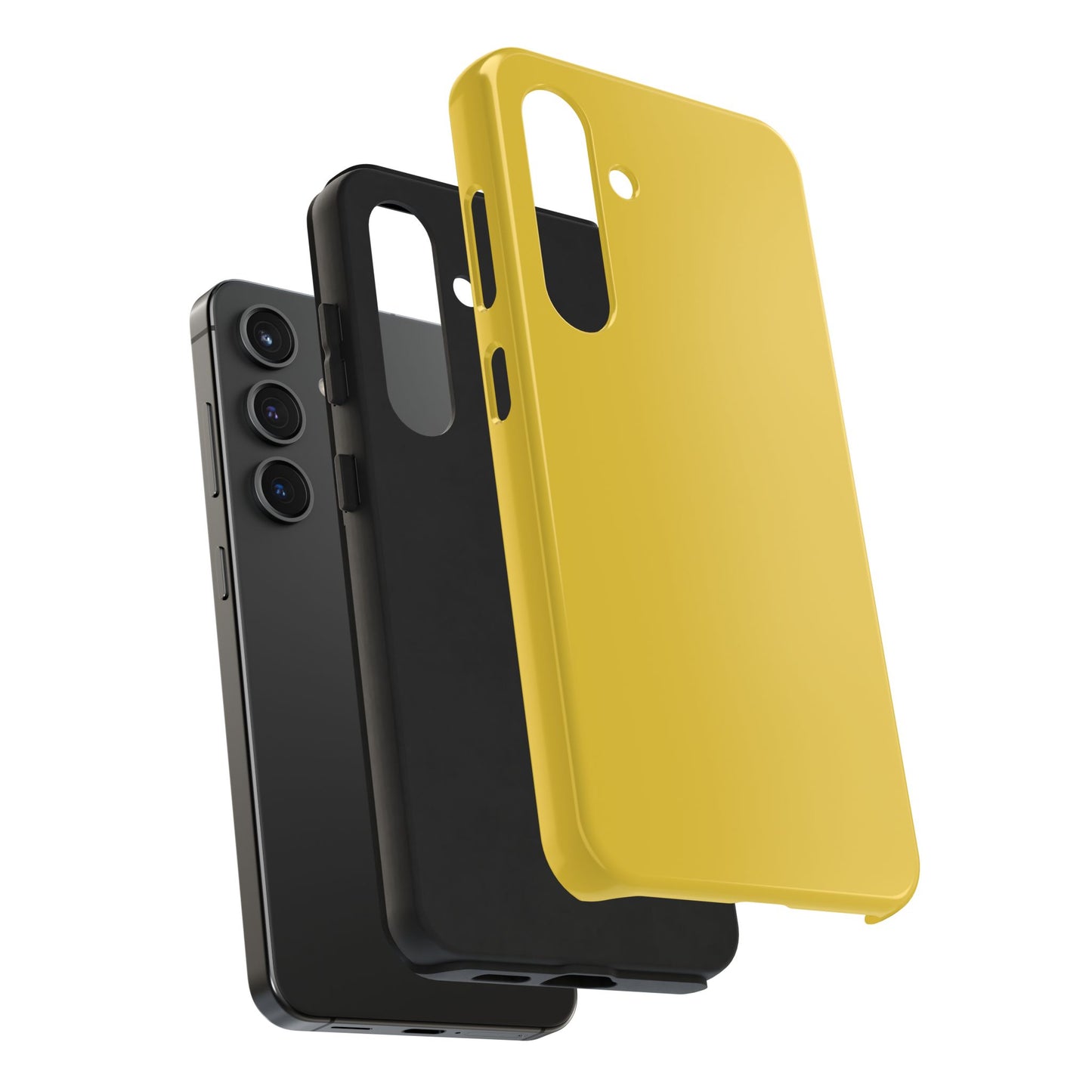 Exploded view of the Samsung Galaxy S24 Porsche Speed Yellow phone case. 