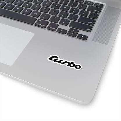 2 inch white Porsche Turbo sticker on a silver laptop