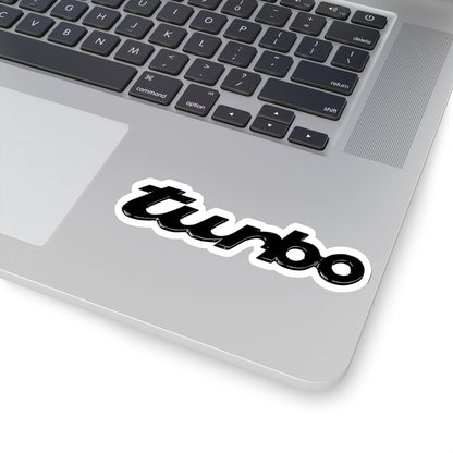 4 inch white Porsche Turbo sticker on a silver laptop