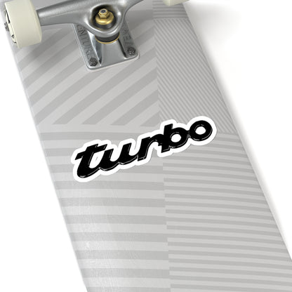 6 inch white Porsche Turbo sticker on a silver skateboard deck