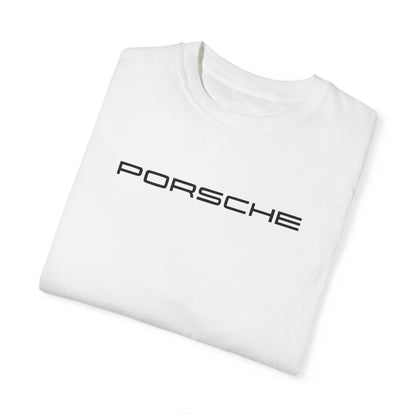 White Porsche T-Shirt with black text, folded.
