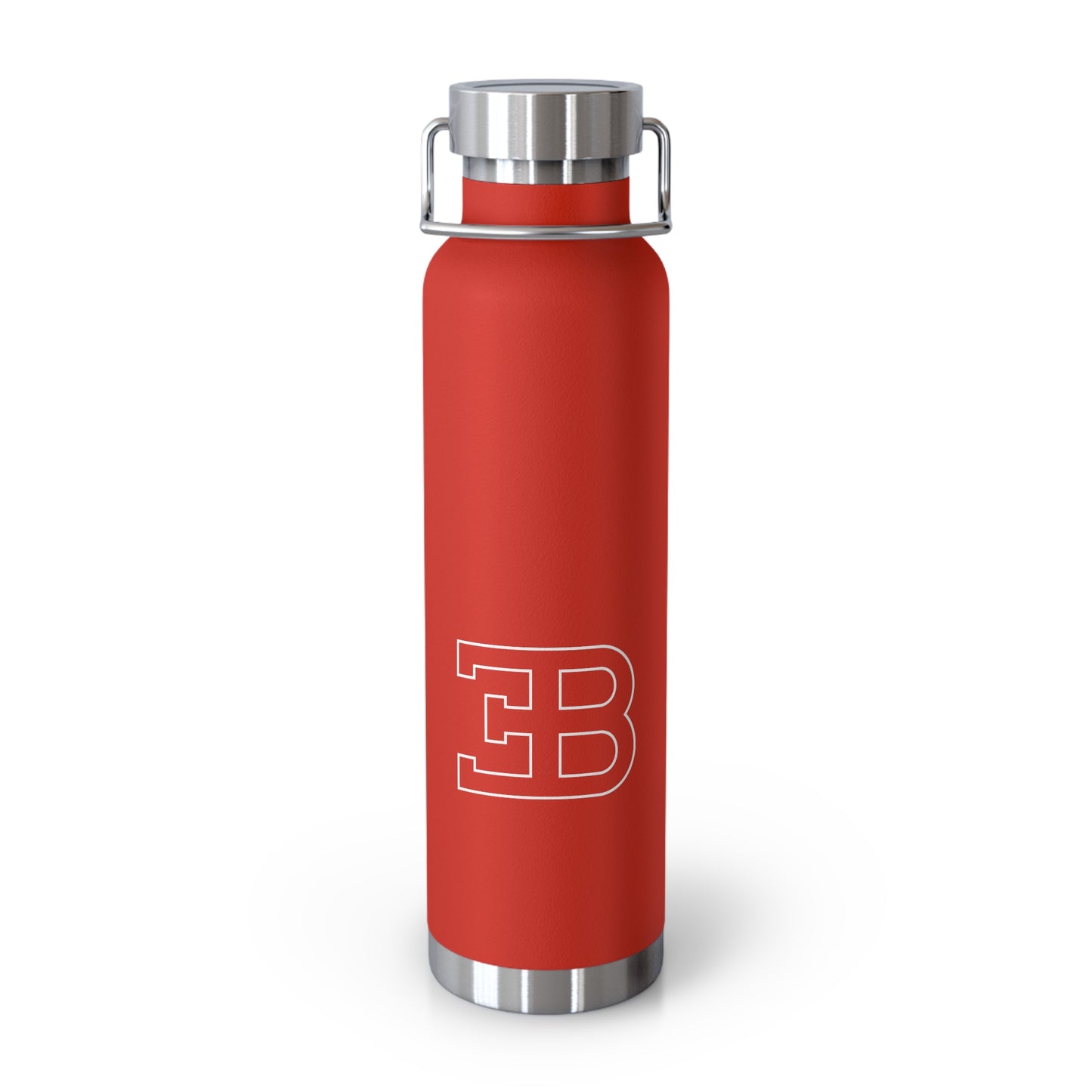 Front View of Red Bugatti Logo Water Bottle. Copper Vacuum Insulated. Bugatti products for collectors