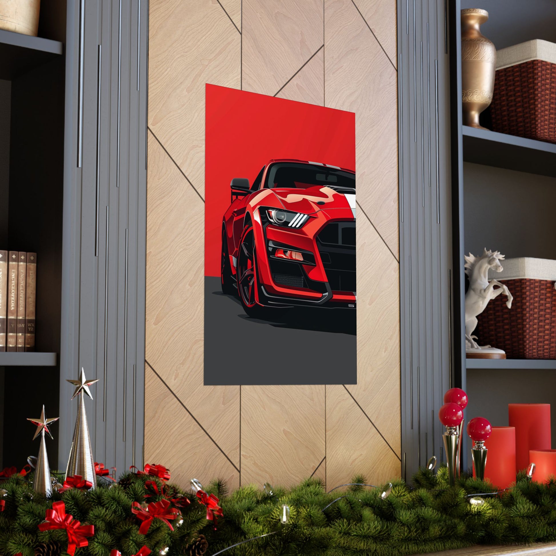 Shelby GT500 poster on shelf with holiday decor