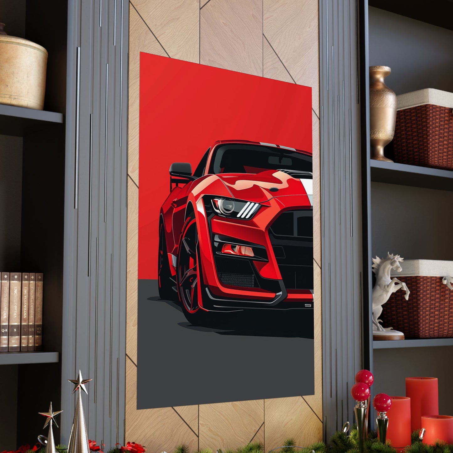 Shelby GT500 poster on shelf with holiday decor