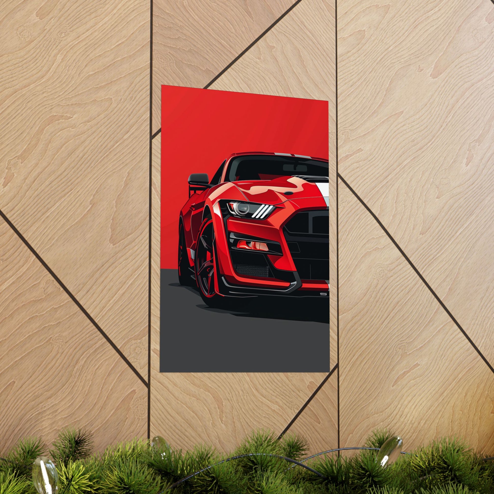 Shelby GT500 poster on wooden wall with greenery