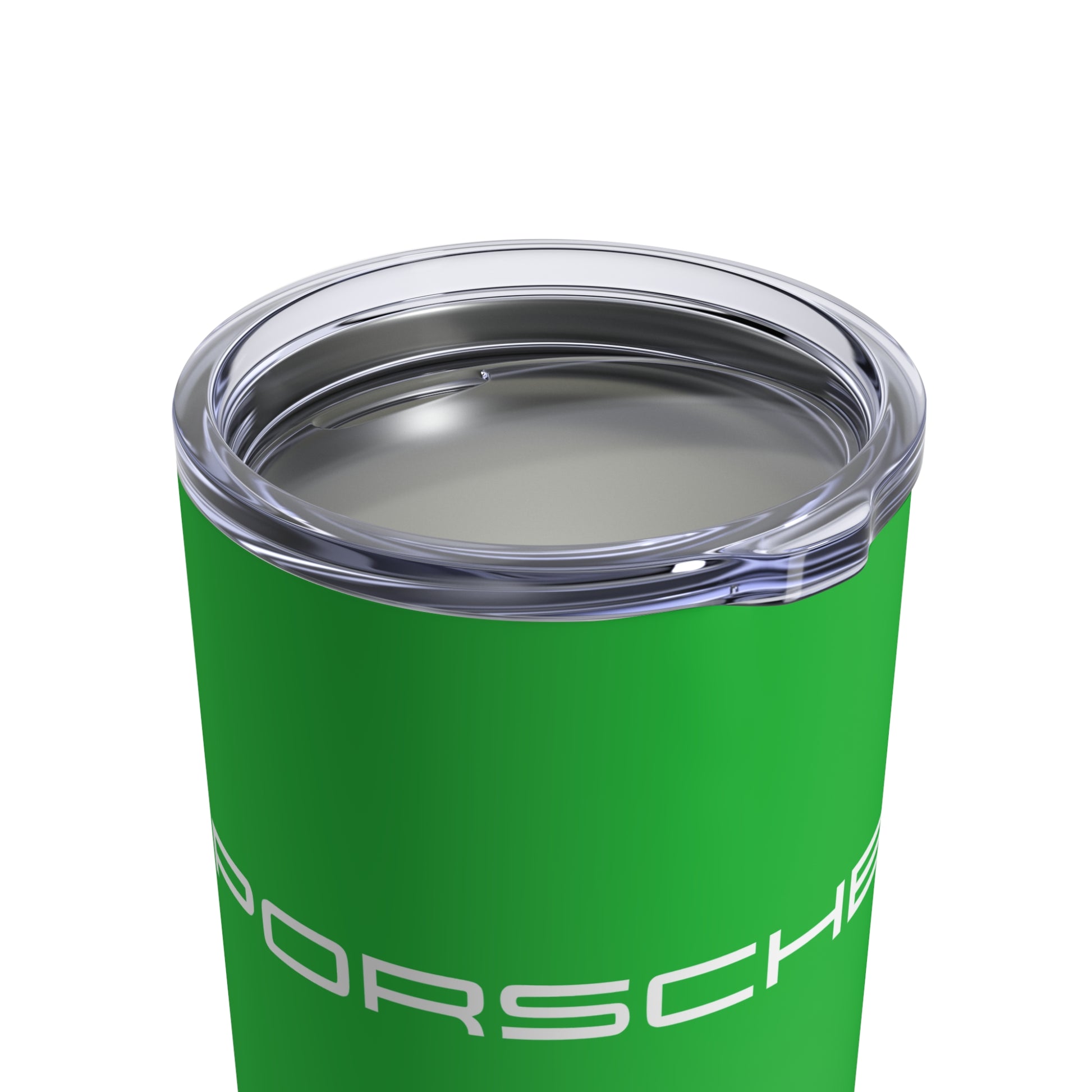 Close-up view of the Signal Green tumbler with Porsche logo in white, featuring a stainless steel interior and clear lid.
