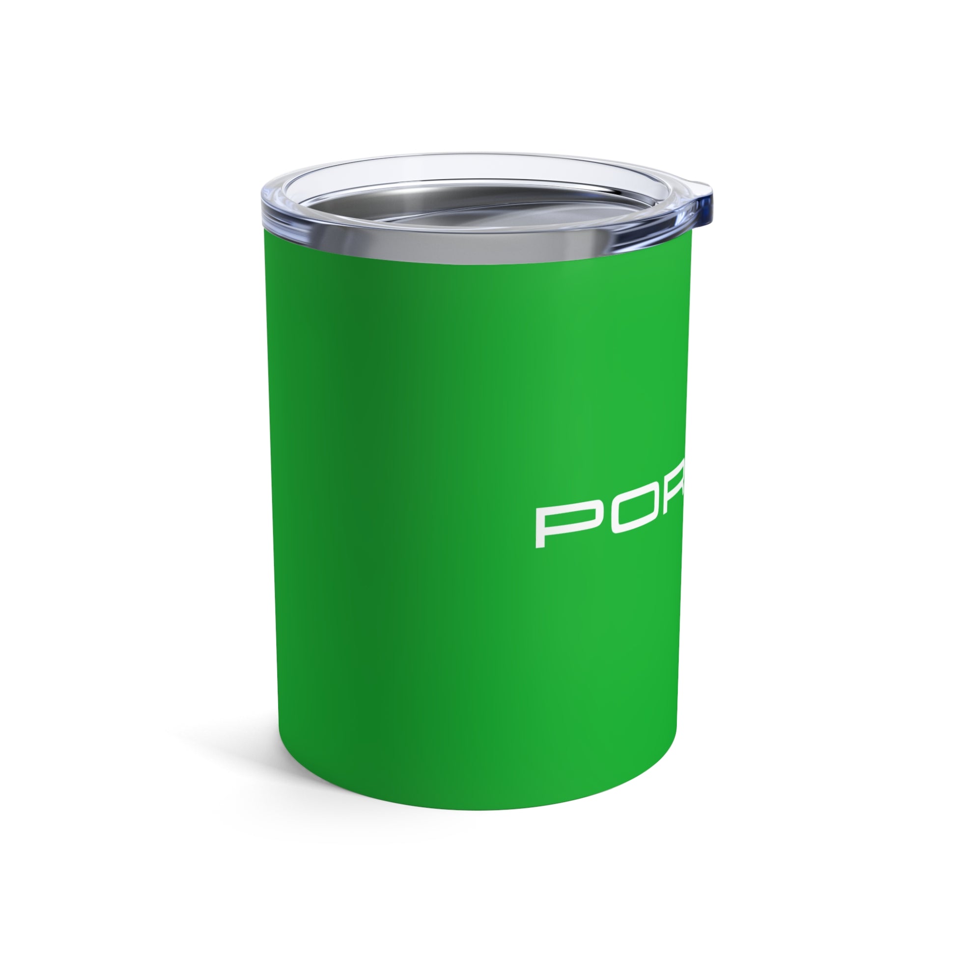 Left view of the Signal Green tumbler with Porsche logo in white, featuring a stainless steel interior and clear lid.
