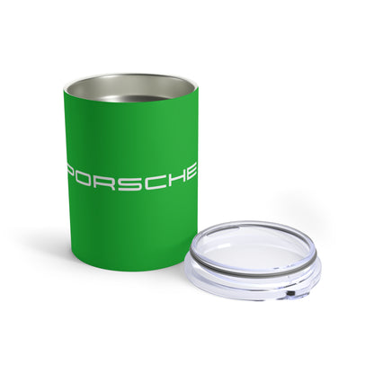 Opened view of the Signal Green tumbler with Porsche logo in white, featuring a stainless steel interior and clear lid.
