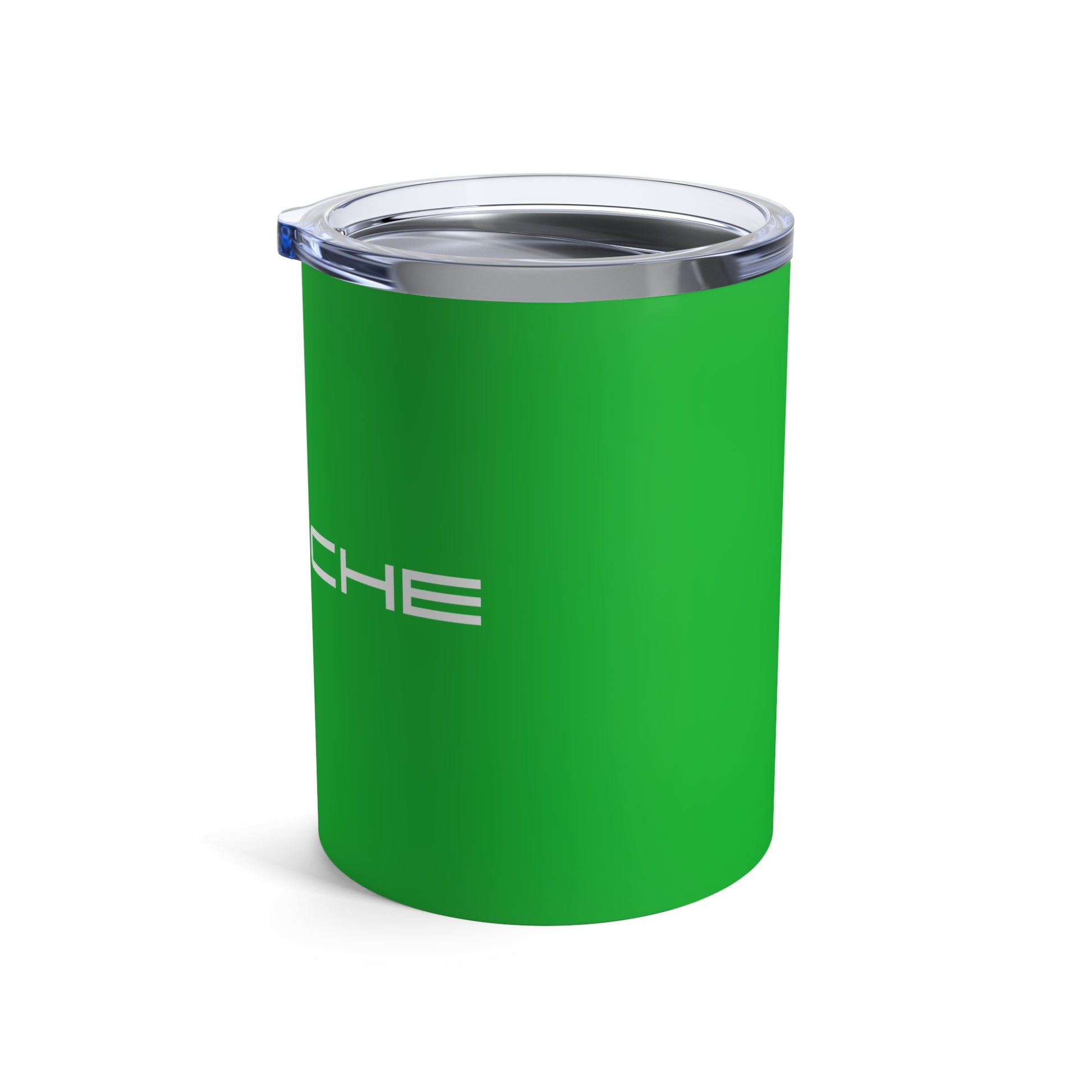 Right view of the Signal Green tumbler with Porsche logo in white, featuring a stainless steel interior and clear lid.
