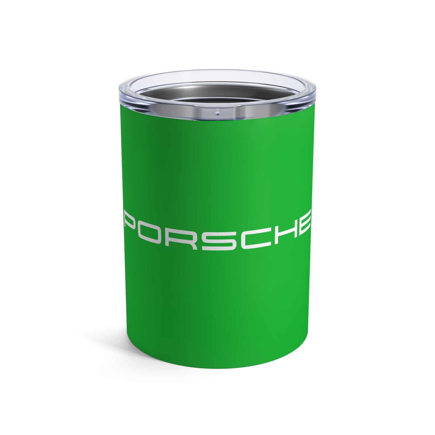 Front view of the Signal Green tumbler with Porsche logo in white, featuring a stainless steel interior and clear lid.
