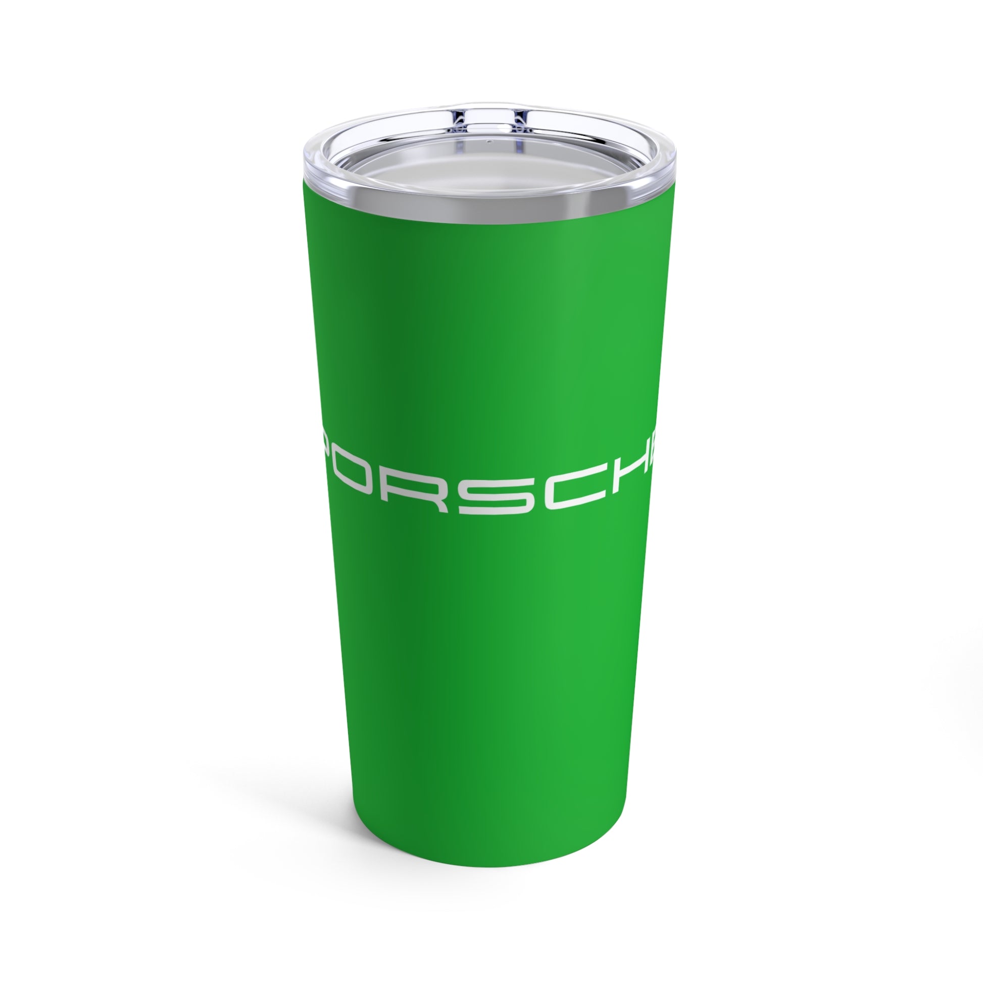 Front view of the Signal Green tumbler with Porsche logo in white, featuring a stainless steel interior and clear lid. Porsche collectibles in Signal Green