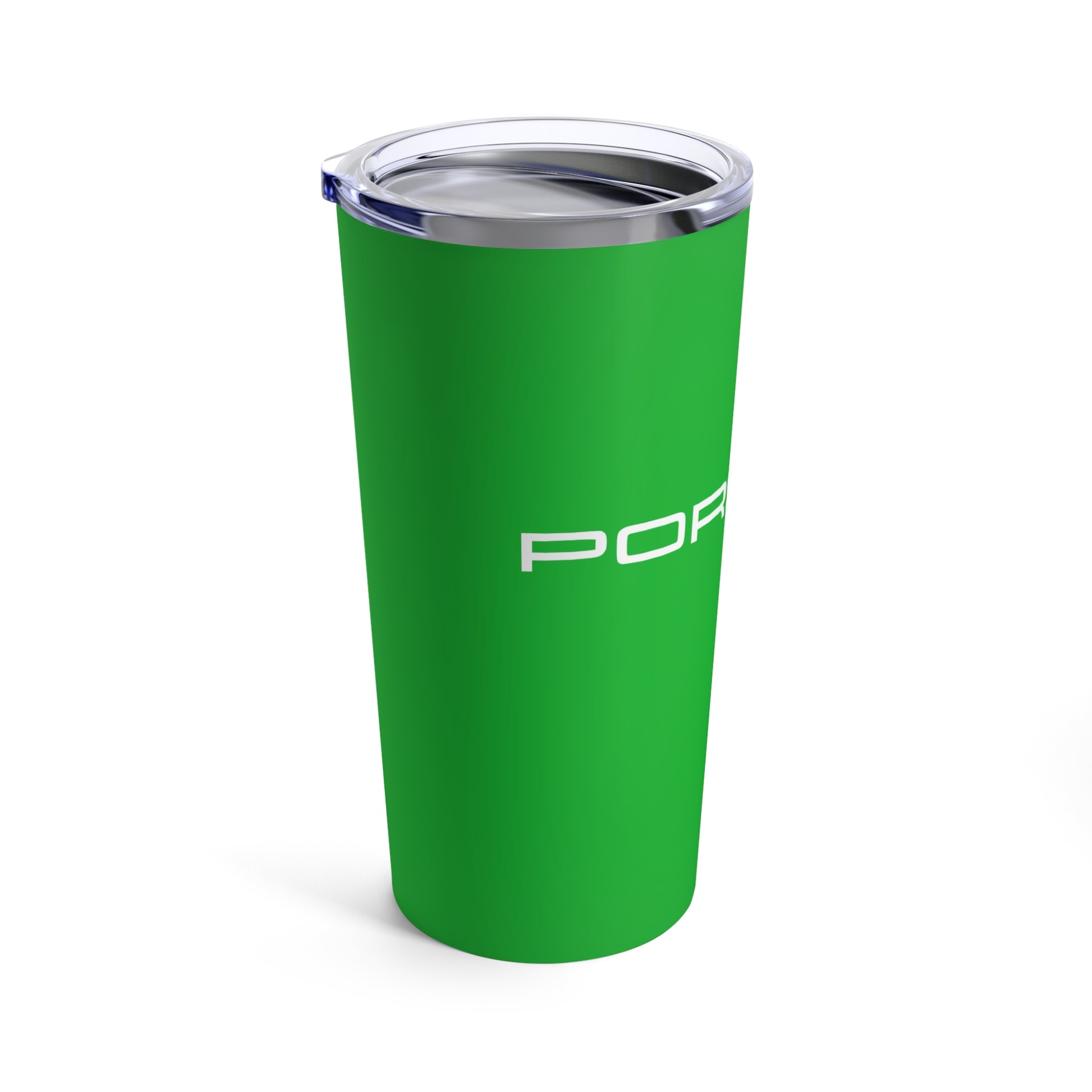 Left view of the Signal Green tumbler with Porsche logo in white, featuring a stainless steel interior and clear lid. Porsche-inspired drinkware in Signal Green paint color