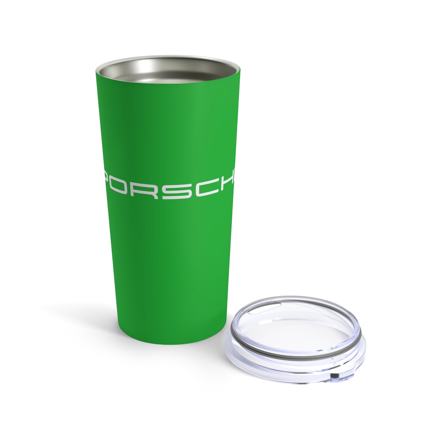 Opened view of the Signal Green tumbler with Porsche logo in white, featuring a stainless steel interior and clear lid. Best Porsche gifts for car fanatics
