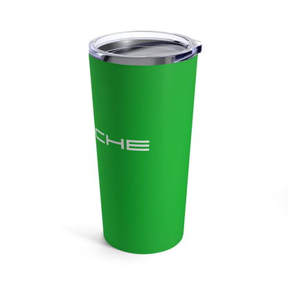 Right view of the Signal Green tumbler with Porsche logo in white, featuring a stainless steel interior and clear lid. Porsche drinkware accessories in you favorite color.
