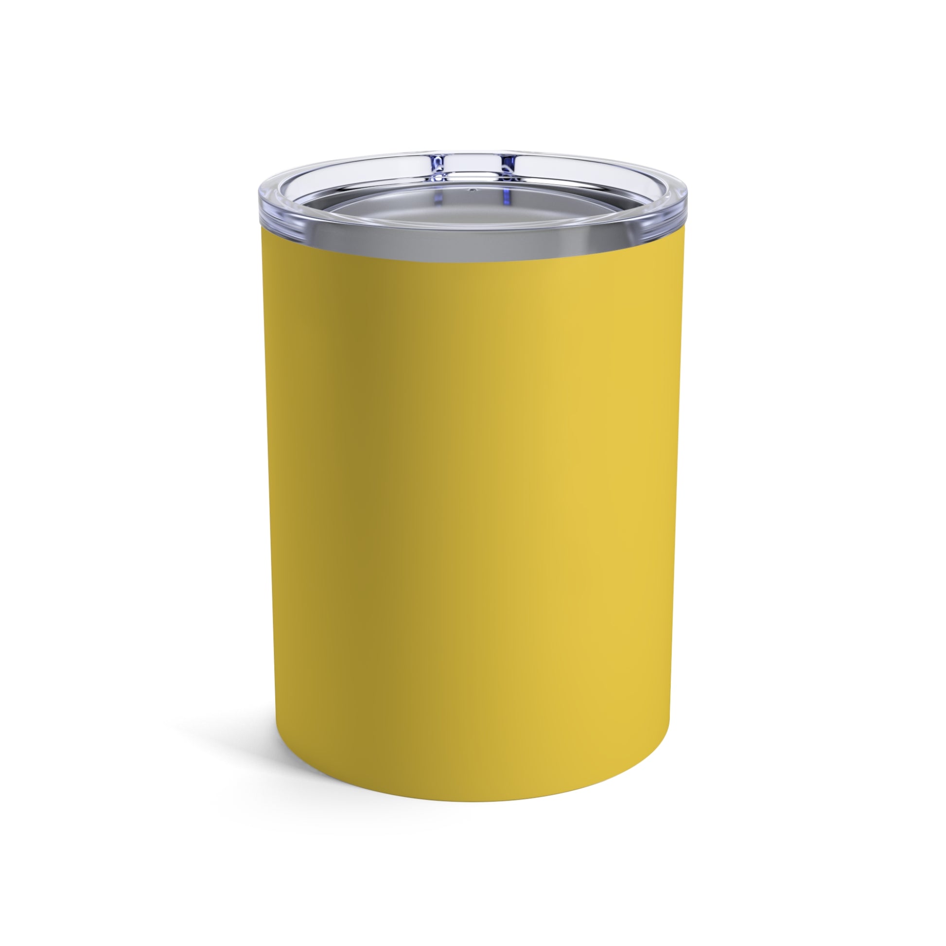 Back view of the Speed Yellow tumbler with Porsche logo in white, featuring a stainless steel interior and clear lid.
