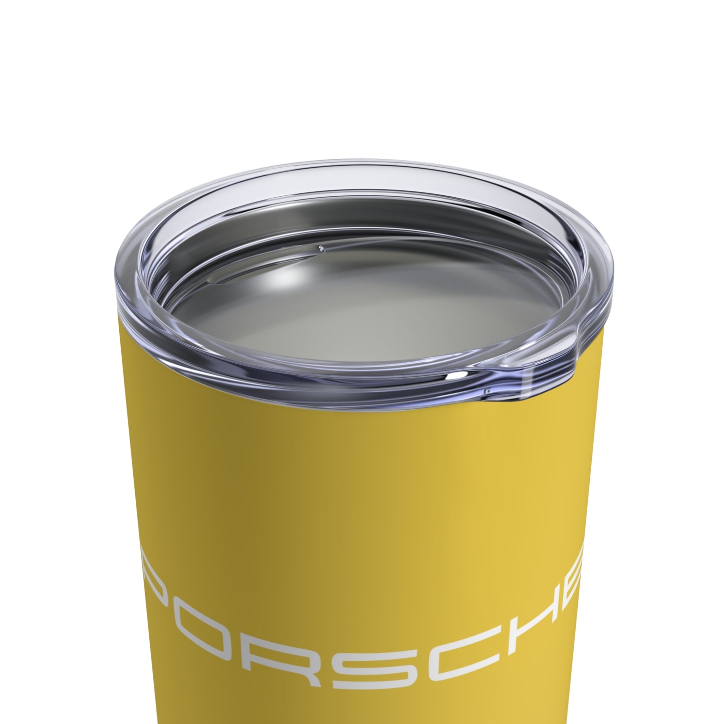 Close-up view of the Speed Yellowe tumbler with Porsche logo in white, featuring a stainless steel interior and clear lid.
