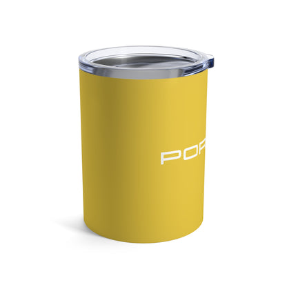 Left view of the Speed Yellow tumbler with Porsche logo in white, featuring a stainless steel interior and clear lid.
