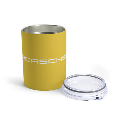 Opened view of the Speed Yellow tumbler with Porsche logo in white, featuring a stainless steel interior and clear lid.
