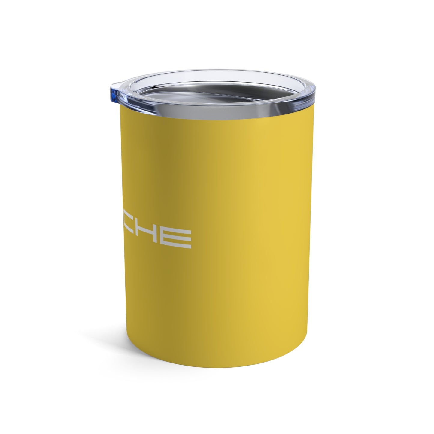 Right view of the Speed Yellow tumbler with Porsche logo in white, featuring a stainless steel interior and clear lid.
