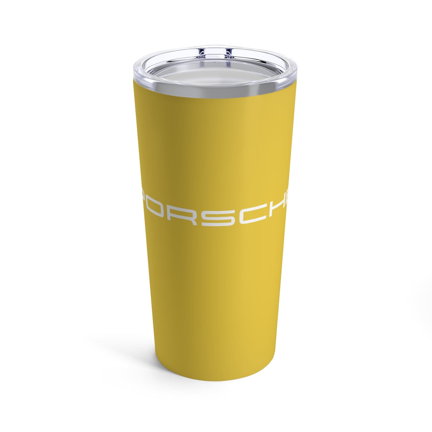 Front view of the Speed Yellow tumbler with Porsche logo in white, featuring a stainless steel interior and clear lid. Porsche collectibles in Speed Yellow