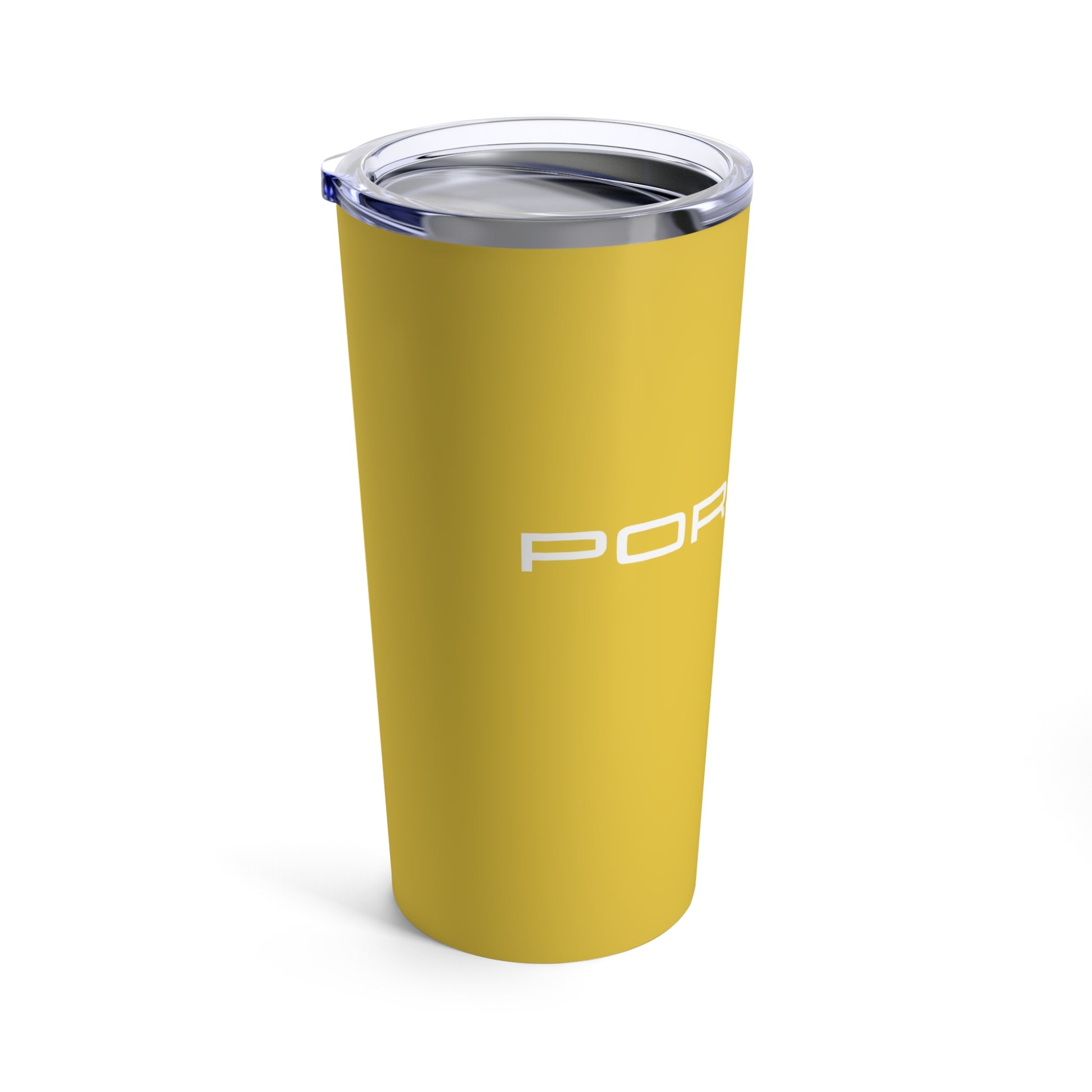 Left view of the Speed Yellow tumbler with Porsche logo in white, featuring a stainless steel interior and clear lid. Porsche-inspired travel tumbler
