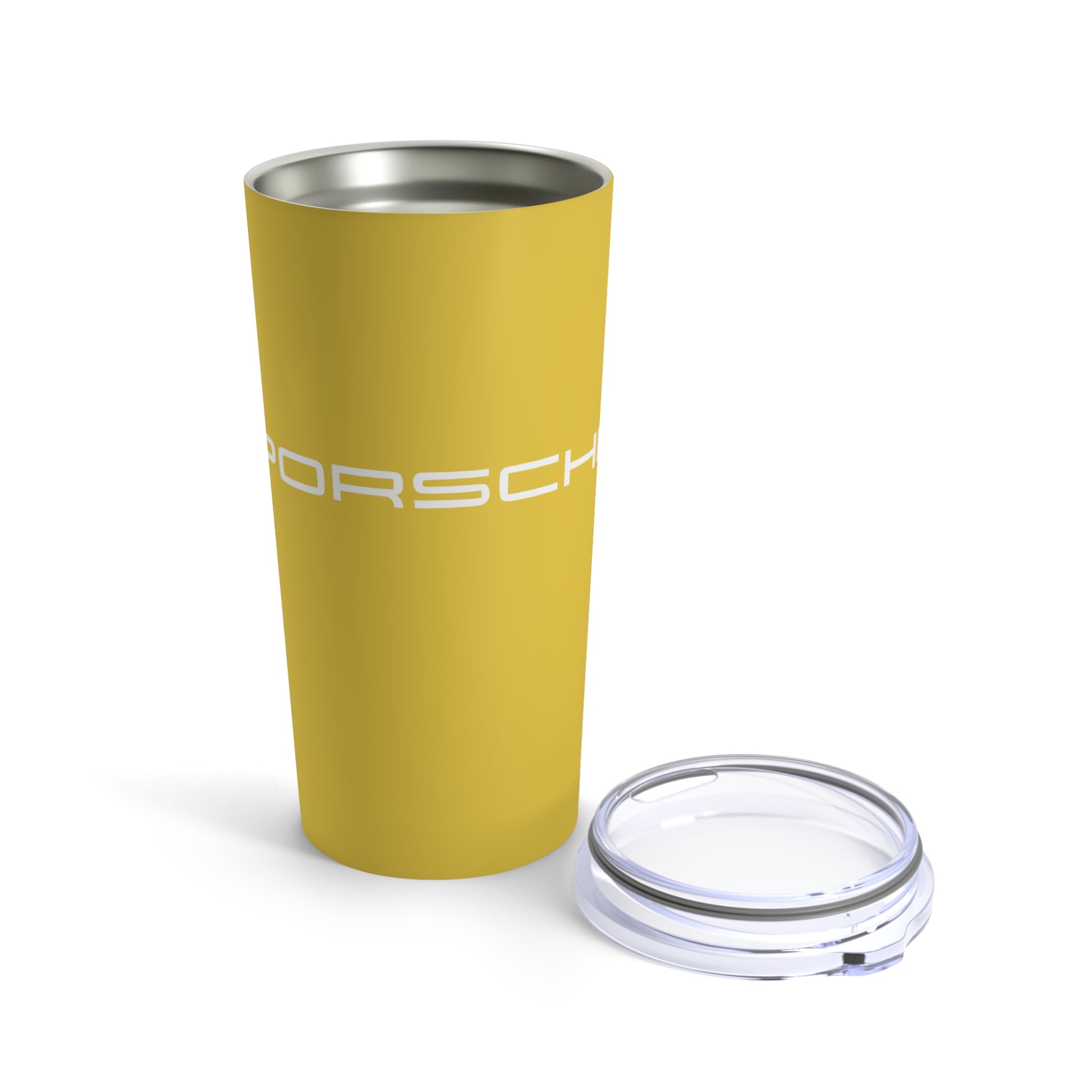 Opened view of the Speed Yellow tumbler with Porsche logo in white, featuring a stainless steel interior and clear lid. Porsche tumbler for daily use