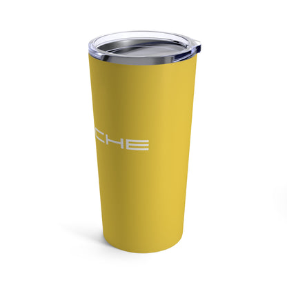 Right view of the Speed Yellow tumbler with Porsche logo in white, featuring a stainless steel interior and clear lid. Porsche accessories.