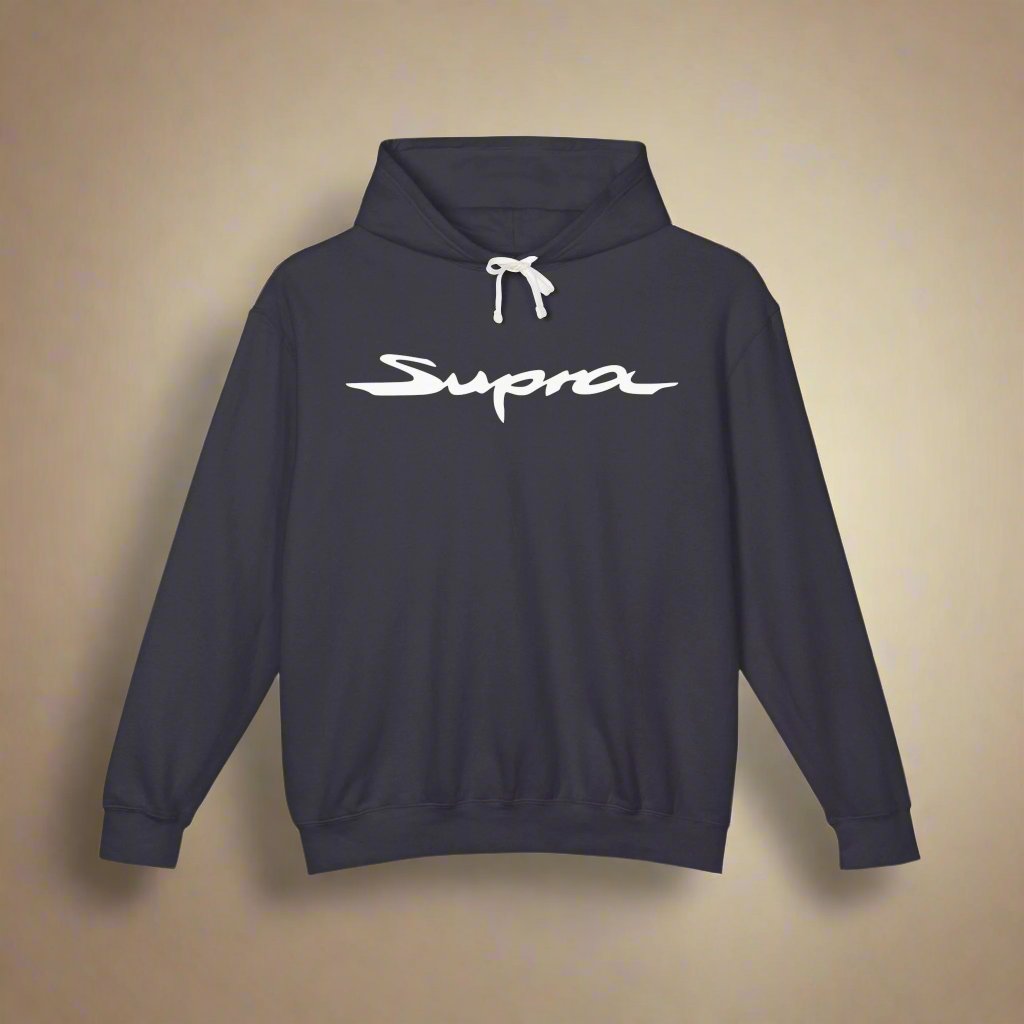 Black hoodie with Toyota Supra logo in white on the front, featuring a natural-colored flatcord hood.