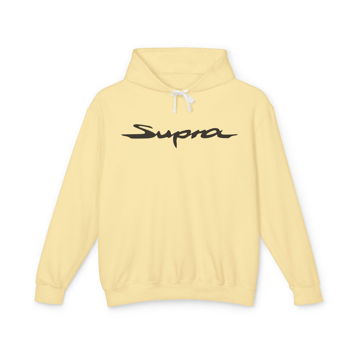 Butter or Pastel Yellow hoodie with Toyota Supra logo in black on the front, featuring a natural-colored flatcord hood.