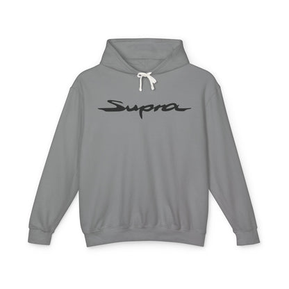 Grey hoodie with Toyota Supra logo in black on the front, featuring a natural-colored flatcord hood.
