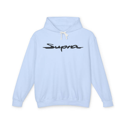 Hydrangea or Light Blue hoodie with Toyota Supra logo in black on the front, featuring a natural-colored flatcord hood.