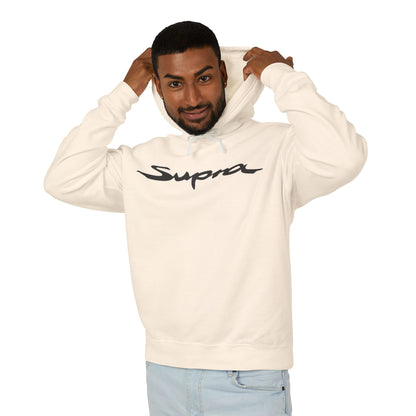 Model wearing a Ivory or Cream hoodie with Toyota Supra logo in black on the front, featuring a natural-colored flatcord hood.