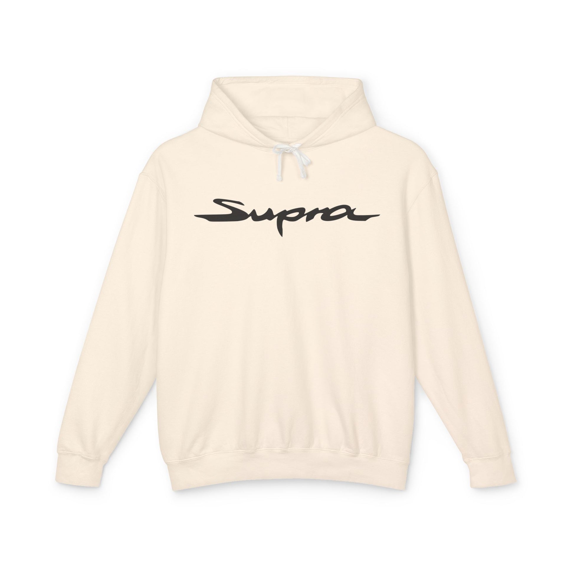 Ivory or Cream hoodie with Toyota Supra logo in black on the front, featuring a natural-colored flatcord hood.