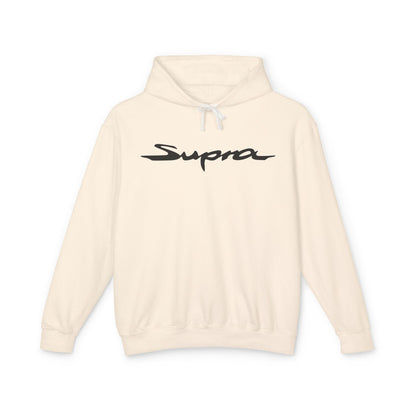 Ivory or Cream hoodie with Toyota Supra logo in black on the front, featuring a natural-colored flatcord hood.