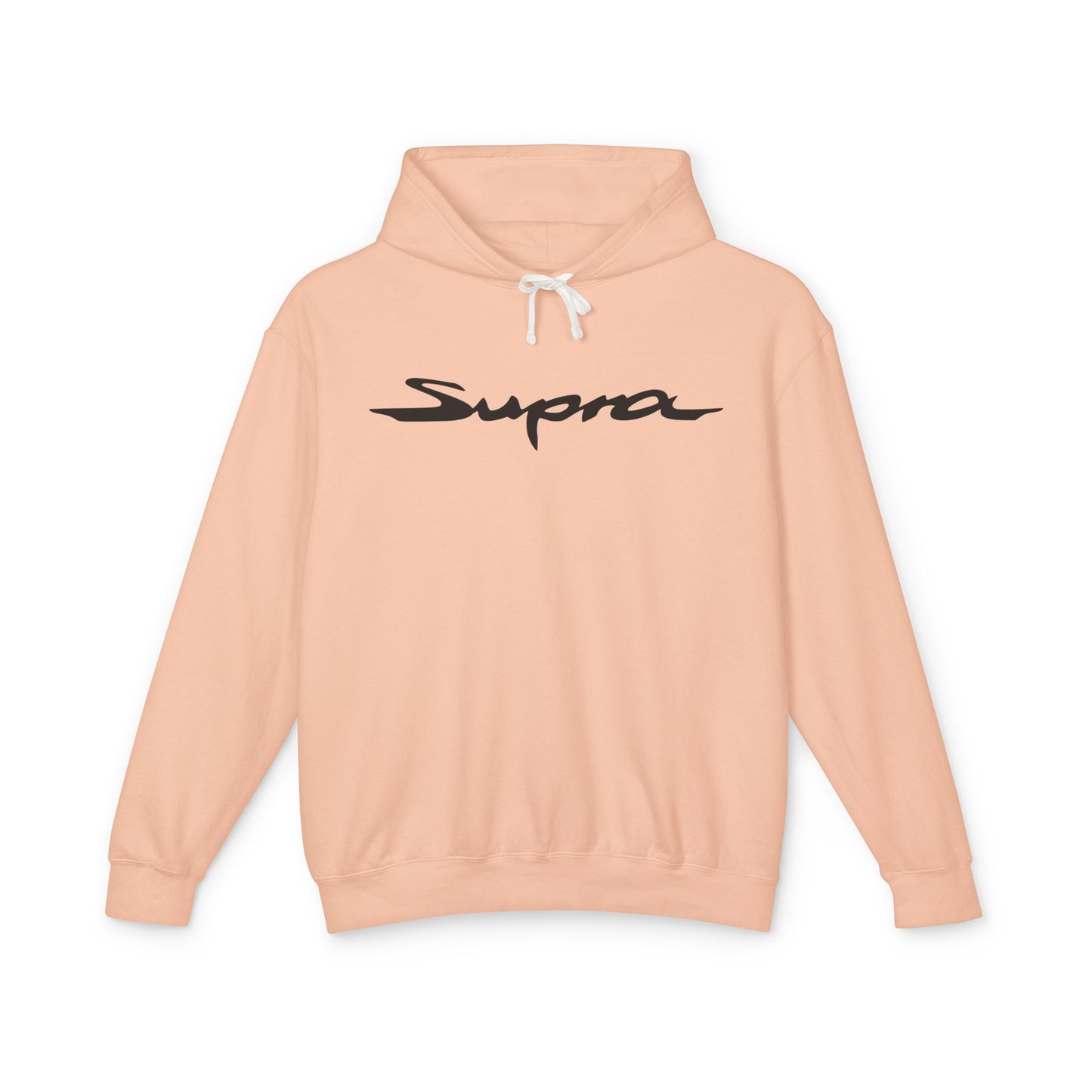 Peachy hoodie with Toyota Supra logo in black on the front, featuring a natural-colored flatcord hood.