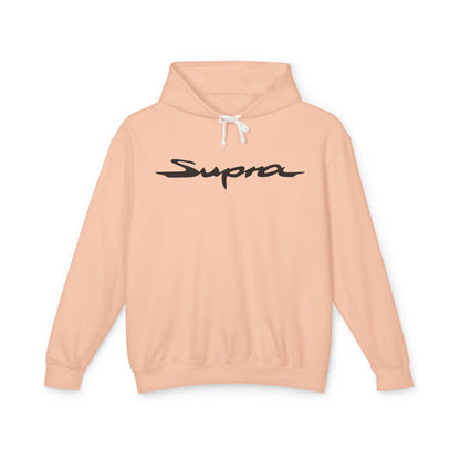 Peachy hoodie with Toyota Supra logo in black on the front, featuring a natural-colored flatcord hood.