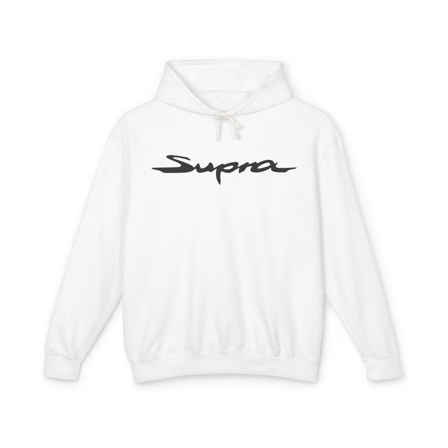 White hoodie with Toyota Supra logo in black on the front, featuring a natural-colored flatcord hood.