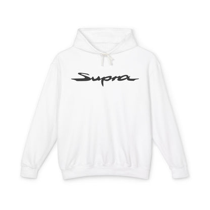 White hoodie with Toyota Supra logo in black on the front, featuring a natural-colored flatcord hood.