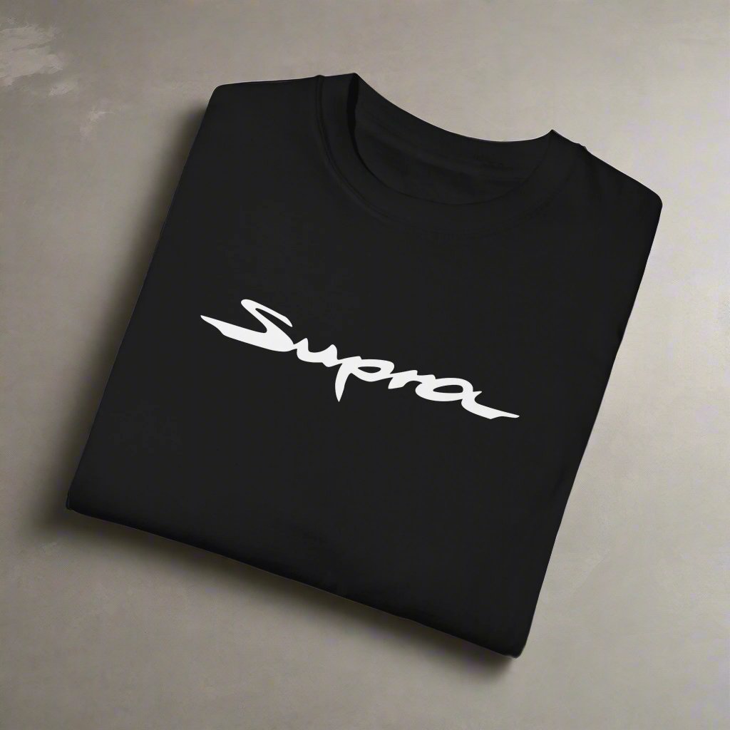 Black Toyota Supra T-Shirt with white text, folded. Supra logo shirt.