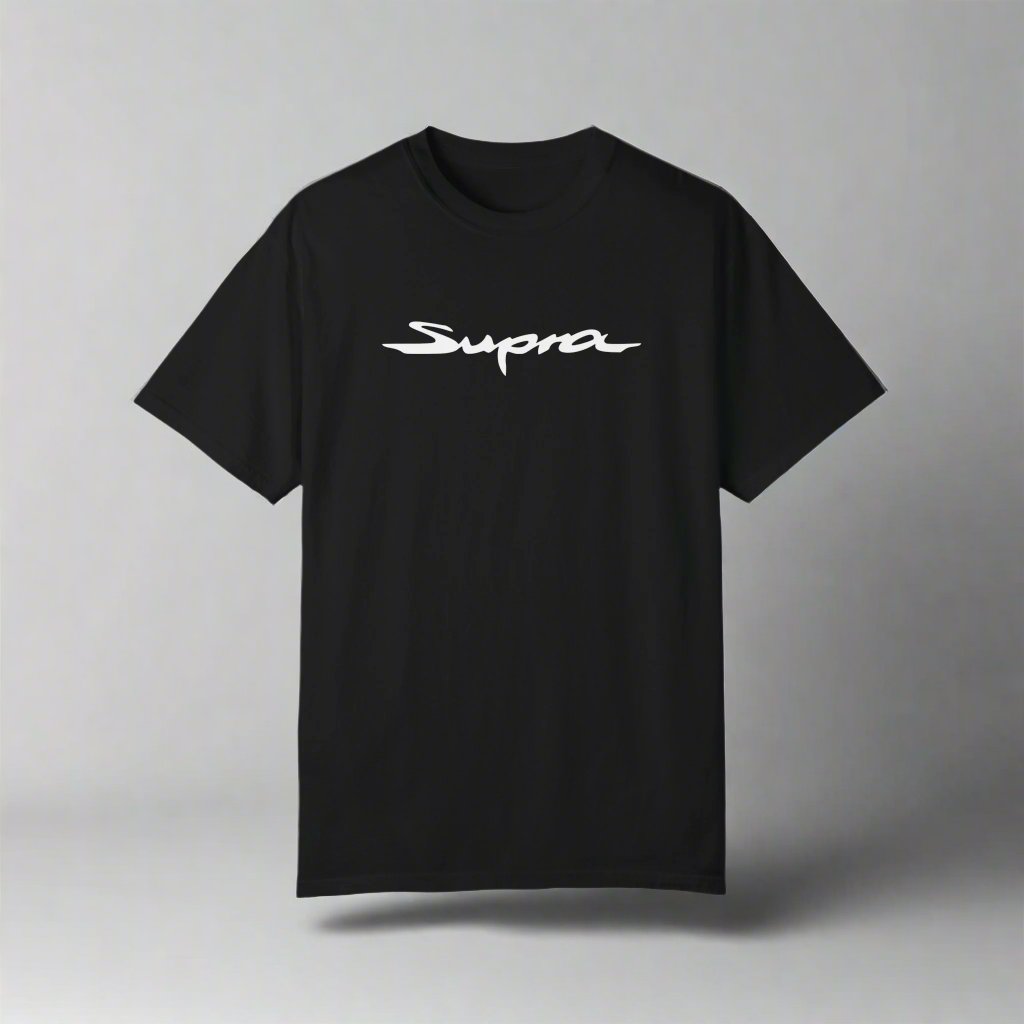 Black Toyota Supra T-Shirt with white text. JDM car apparel